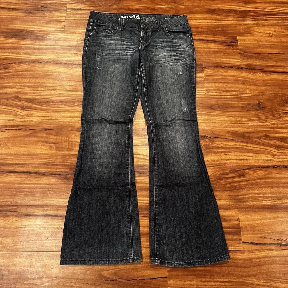 Mudd Jeans Teens 11 Gray Flare Dark Wash Stretch Denim Embroidered Pockets - Picture 3 of 7